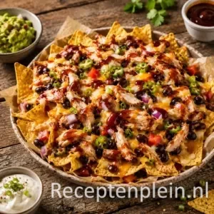 BBQ nacho’s met kip op een rustieke houten tafel