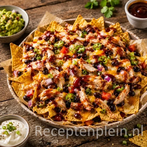BBQ nacho’s met kip op een rustieke houten tafel