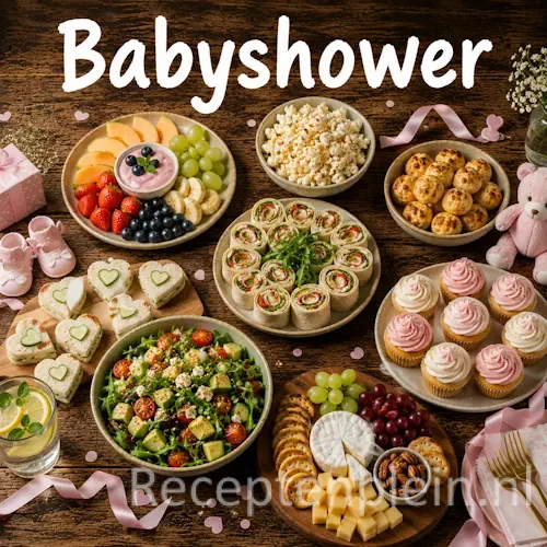 Babyshower recepten op een rustieke houten tafel.