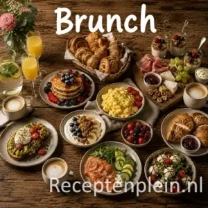 Brunch recepten met broodjes, fruit en eiergerechten op een rustieke houten tafel