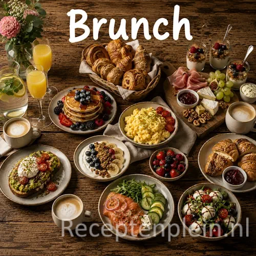 Brunch recepten met broodjes, fruit en eiergerechten op een rustieke houten tafel