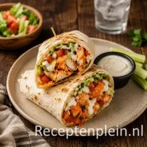 Buffalo Chicken Wraps op een rustieke houten tafel