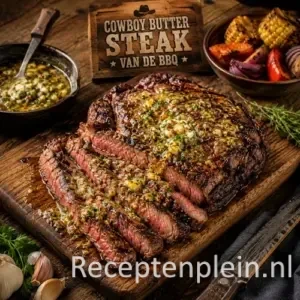 Cowboy Butter Steak van de BBQ op een rustieke houten tafel