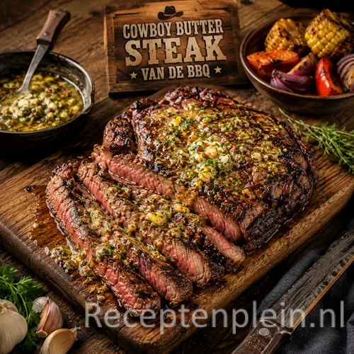 Cowboy Butter Steak van de BBQ op een rustieke houten tafel