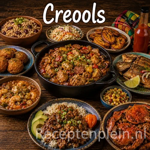 Creoolse recepten op een rustieke houten tafel.