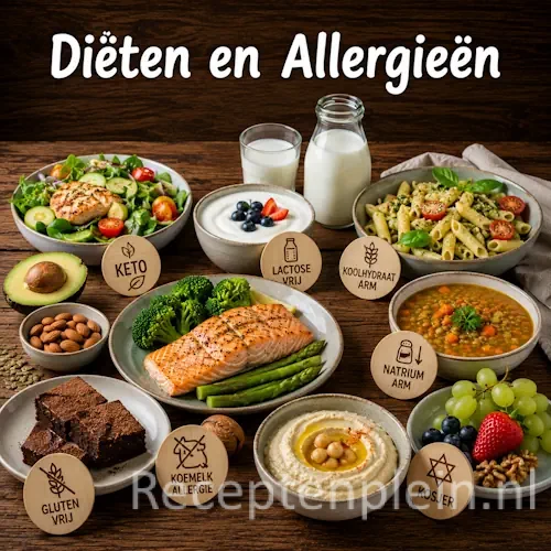 Diëten en allergieën recepten op een rustieke houten tafel.