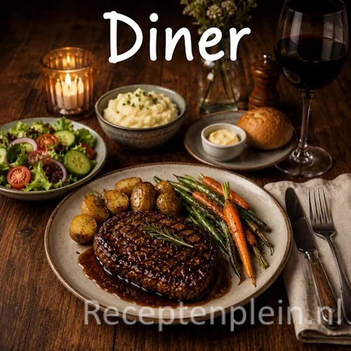 Diner recepten op een rustieke houten tafel.