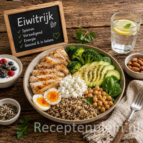 Eiwitrijke recepten met kip, vis, eieren, zuivel en peulvruchten op een rustieke houten tafel