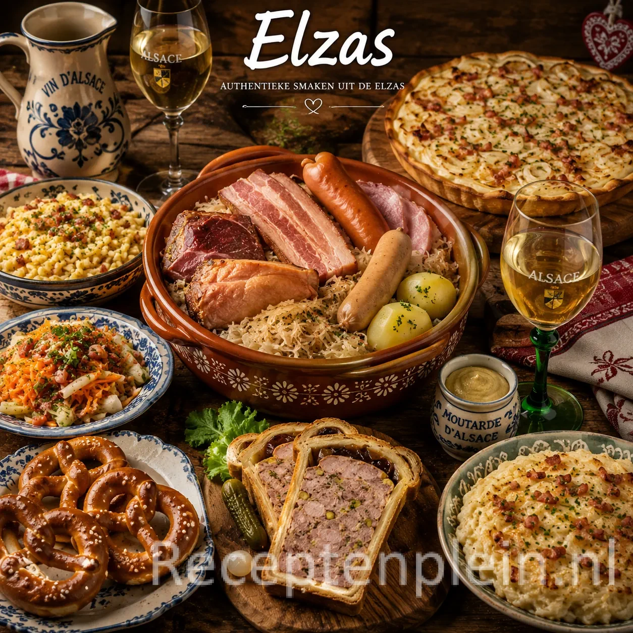 Elzas recepten op een rustieke houten tafel.