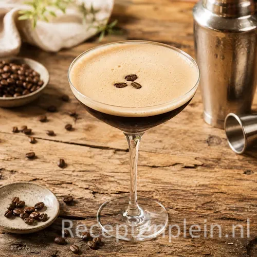 Espresso Martini recept op een rustieke houten tafel met koffiebonen en romige schuimlaag.
