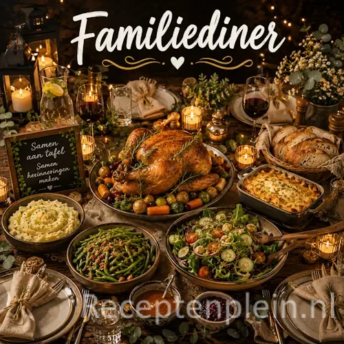 Familiediner recepten op een rustieke houten tafel.
