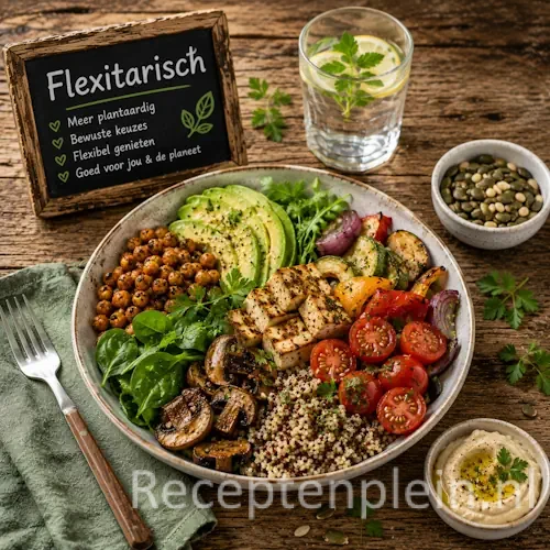 Alt-tekst: Flexitarische recepten op een rustieke houten tafel.