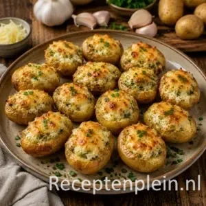 Gevulde krieltjes met knoflookkaas op een rustieke houten tafel