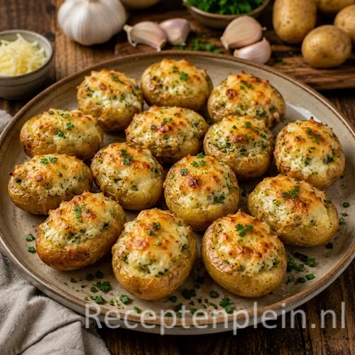 Gevulde krieltjes met knoflookkaas op een rustieke houten tafel