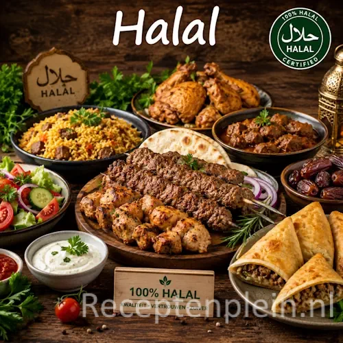 Alt-tekst: Halal recepten op een rustieke houten tafel.