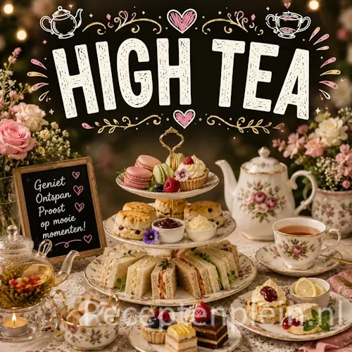 High tea recepten op een rustieke houten tafel.