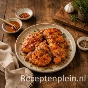 Hot Honey Chicken op een rustieke houten tafel