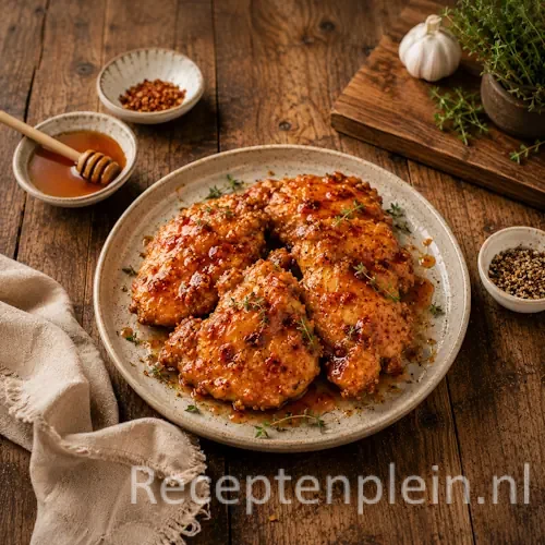 Hot Honey Chicken op een rustieke houten tafel