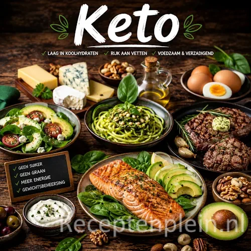 Keto recepten op een rustieke houten tafel.