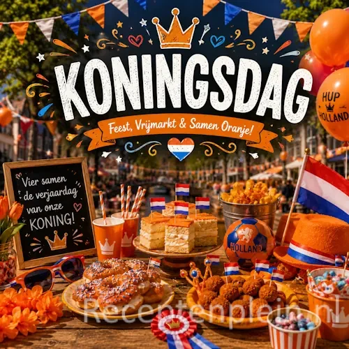 Koningsdag recepten op een rustieke houten tafel met oranje feestelijke hapjes.