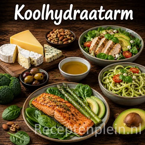 Koolhydraatarme recepten op een rustieke houten tafel.