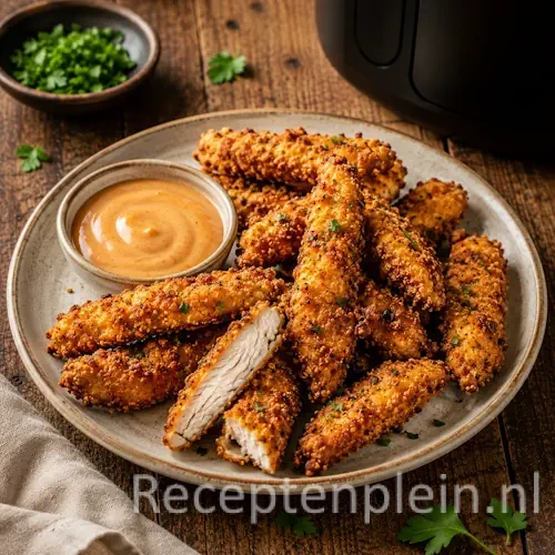 krokante airfryer kipreepjes op een rustieke houten tafel