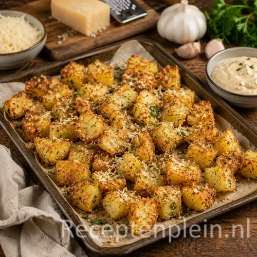 Parmezaan aardappelbites op een rustieke houten tafel