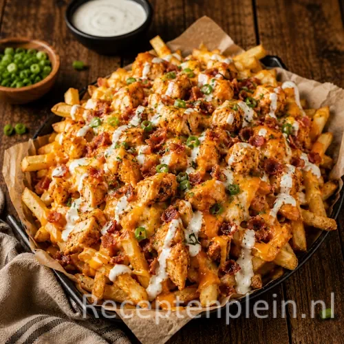 Loaded Chicken Fries met krokante friet en kip op een rustieke houten tafel