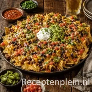 loaded nacho platter op een rustieke houten tafel