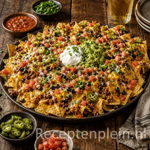 loaded nacho platter op een rustieke houten tafel