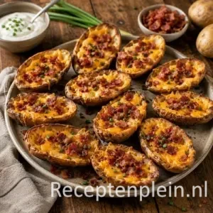 Loaded potato skins op een rustieke houten tafel