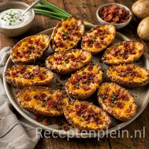 Loaded potato skins op een rustieke houten tafel