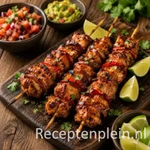 Mexicaanse BBQ Kipspiesen op een rustieke houten tafel