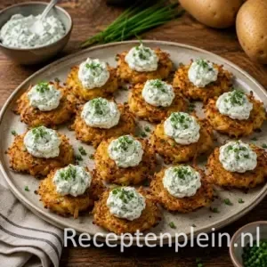 Mini rösti hapjes op een rustieke houten tafel