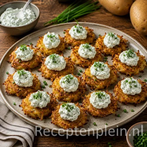 Mini rösti hapjes op een rustieke houten tafel