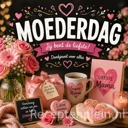 Moederdag recepten op een rustieke houten tafel met feestelijke brunchgerechten en luxe hapjes.