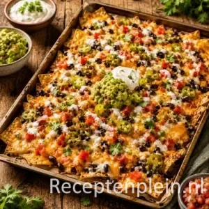 nacho’s uit de oven op een rustieke houten tafel
