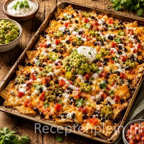 nacho’s uit de oven op een rustieke houten tafel