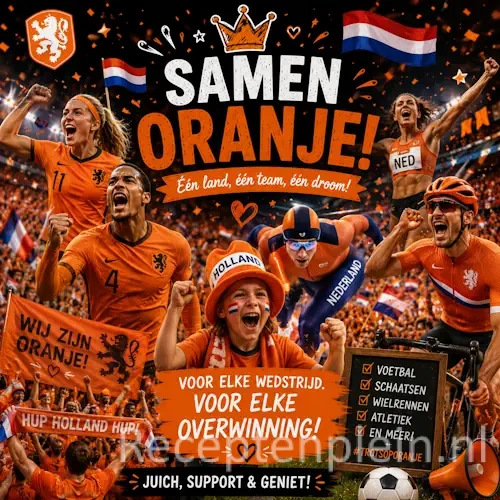 Oranje sport wedstrijden recepten op een rustieke houten tafel met feestelijke oranje snacks en borrelhapjes.