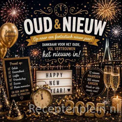 Oud & Nieuw recepten op een rustieke houten tafel met feestelijke snacks en luxe hapjes.