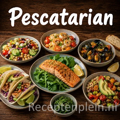 Pescotarische recepten op een rustieke houten tafel.