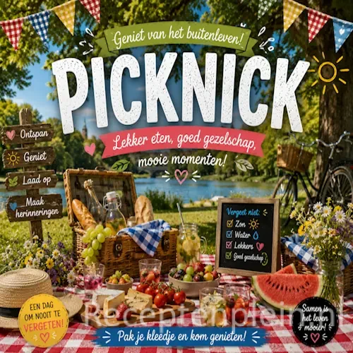 Picknick recepten op een rustieke houten tafel met frisse zomerse hapjes en lichte gerechten.