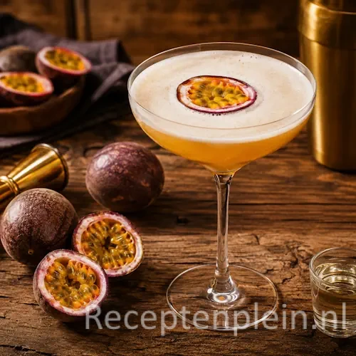 Pornstar Martini recept op een rustieke houten tafel met passievrucht en feestelijke garnering.