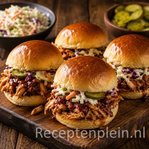 Pulled Chicken Sliders met pulled chicken en barbecuesaus op een rustieke houten tafel