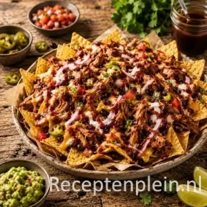 pulled pork nacho’s op een rustieke houten tafel