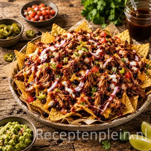 pulled pork nacho’s op een rustieke houten tafel