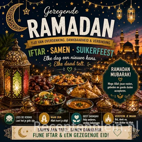 Ramadan recepten op een rustieke houten tafel met warme iftar gerechten en feestelijke hapjes.