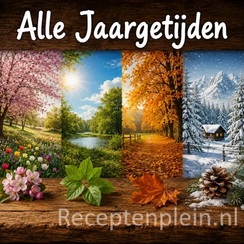 Recepten voor alle jaargetijden op een rustieke houten tafel.