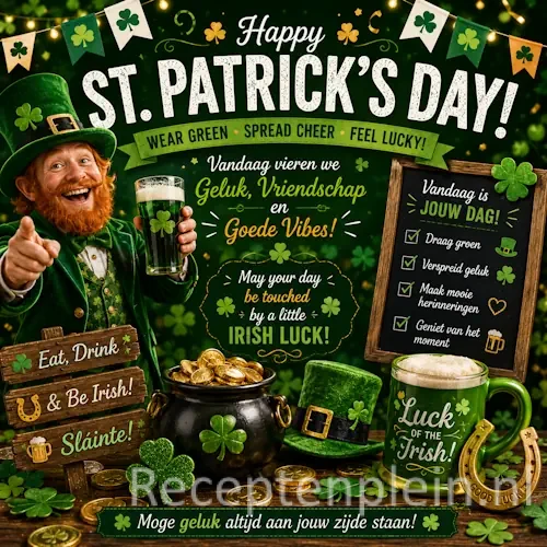 St. Patrick's Day recepten op een rustieke houten tafel met Ierse pubhapjes en warme gerechten.