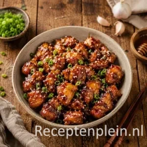 Sticky Honey Garlic Chicken Bites op een rustieke houten tafel